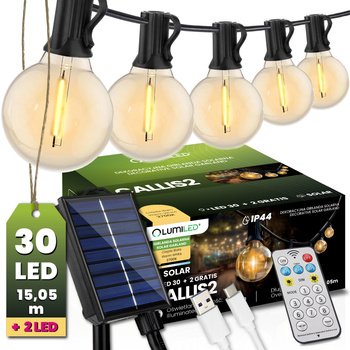 Solární zahrada Girland 30x LED okrasné koule 15,05 m 2700K teplá + dálkové ovládání CALLIS2 LUMILED