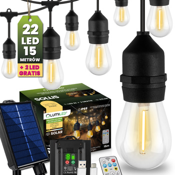 Solární zahradní girlanda 22x LED Dekorativní žárovky 15m + Dálkové ovládání IP65 2700K Teplá SOLLIS LUMILED