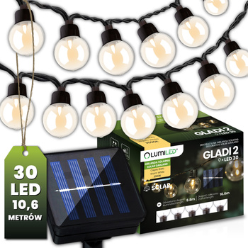LED Solární řetěz, 30x LED Ozdobné Kuličky 10.6m Teplá bílá 3000K GLADI 2 LUMILED