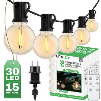 Venkovní řetěz 15.2m, 30x LED Ozdobné Kuličky 3000K + Dálkové ovládání DOLLIS LUMILED