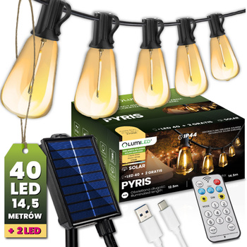 Solární zahradní girlanda 40x LED dekorativní žárovky 14,5 m 2700K Warm + PYRIS LUMILED dálkové ovládání