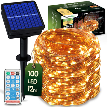 Solární Zahradní Světelný Řetěz 100x LED Dekorační Dráty 12m 2700K Teplá + DÁLKOVÉ OVLÁDÁNÍ FILO LUMILED