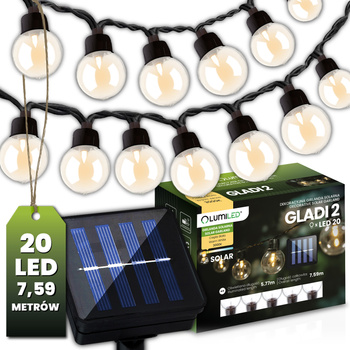 LED Solární řetěz, 20x LED Ozdobné Kuličky 7.5m 3000K Teplá bílá GLADI 2 LUMILED