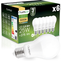 6x LED žárovka E27 A60 2,5W = 25W 275lm 3000K teplá bílá 260° LUMILED