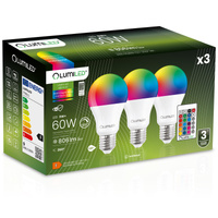 3x LED žárovka E27 A60 9W = 60W 806lm 3000K + RGB Multicolour 260° stmívatelná Pilot LUMILED
