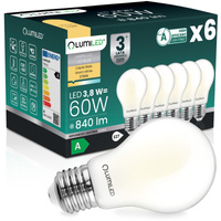 6x LED žárovka E27 A60 3,8W 840lm = 60W 2700K teplá bílá 360° vlákno energetická třída A SVÍTÍCÍ
