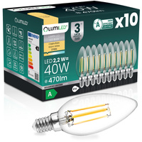 10x LED žárovka E14 svíčka B35 2,2W 470lm = 40W 2700K teplá bílá 360° Filament energetická třída A LUMILED