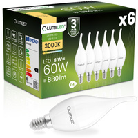 6x LED žárovka E14 svíčka B35 10W = 75W 1100lm 3000K teplá bílá 180° LUMILED
