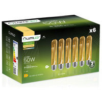 6X LED žárovka E27 T30 6W = 50W 660lm 3000K Warm 360° Amber Filament LUMILED