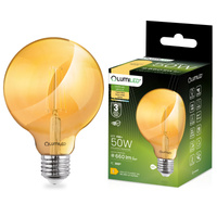 Žárovka Dekorativní Kulka LED E27, G95 6W = 50W 660lm 2000K Teplá bílá 360° Filament Globe Amber LUMILED