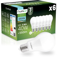 6x LED žárovka E27 A60 5W = 40W 550 lm 6500K studená bílá 260° LUMILED