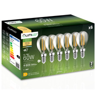 6x Žárovka LED Kulka P45, E14 7W = 60W 806lm 3000K Teplá bílá 360° Filament LUMILED