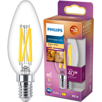 LED žárovka na svíčku E14 B35 3.4W = 40W 470lm 2700 Teplá bílá vlákno PHILIPS Stmívatelné