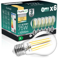 6x LED žárovka E27 A60 4,9W 1055lm = 75W 2700K teplá bílá 360° Filament energetická třída A LUMILED