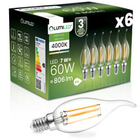 6x Žárovka LED Plamínek BA35, E14 7W = 60W 770lm 4000K Neutralní bílá 360° Filament LUMILED