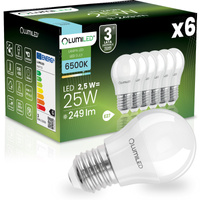 6x Žárovka LED E27, P40 2.5W = 25W 249lm 6500K Studená bílá 180° LUMILED