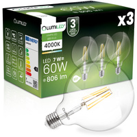 3x LED žárovka E27 Sphere G125 7W = 60W 806lm 4000K Neutral 360° FILAMENT LUMILED
