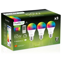 3x LED žárovka E27 A60 9W = 60W 806lm 6500K + RGB Multicolour 260° stmívatelná Pilot LUMILED
