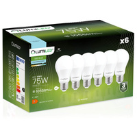 6x Žárovka LED A60, E27 10W = 75W 1055lm 6500K Studená bílá 260° LUMILED