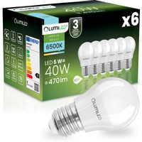6x Žárovka LED E27, P40 5W = 40W 470lm 6500K Studená bílá 180° LUMILED