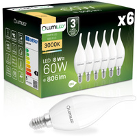 6x Žárovka LED E14, BA35 8W = 60W 806lm 3000K Teplá bílá 180° LUMILED