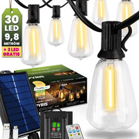 Solární zahradní girlanda 30x LED dekorativní žárovky 9,8 m 2700K Warm + PYRIS LUMILED dálkové ovládání