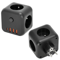 KOBI LINEA PRO CUBE 3x230V rozbočovač s uzemněním a přepínačem + 4xUSB černý