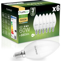 6x LED žárovka E14 svíčka B35 8W = 60W 880lm 3000K teplá bílá 180° LUMILED
