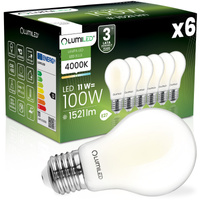 6x LED žárovka E27 A60 11W = 100W 1521lm 4000K neutrální bílá 360° FILAMENT LUMILED