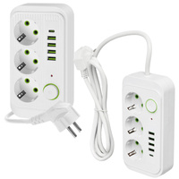 KOBI LINEA PRO Prodlužovací kabel 3x230V 1,5 m Zem, vypínač a 5xUSB Bílá