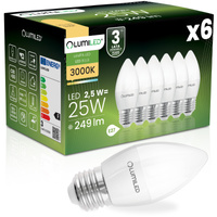 6x Žárovka LED E27, B35 2.5W = 25W 249lm 3000K Teplá bílá 180° LUMILED
