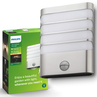 LED zahradní nástěnná lampa RACCOON IR myGarden 3W 2700K IP44 s pohybovým a soumrakovým senzorem stříbrná PHILIPS