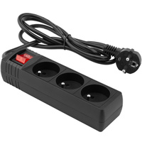 Zástrčka prodlužovacího napájecího kabelu - 3x zásuvka s uzemněním a vypínačem Napájecí proužek 1.5m 3x1mm 13A černá