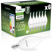 6x Žárovka LED E14, BA35 8W = 60W 806lm 4000K Neutrální bílá 180° LUMILED
