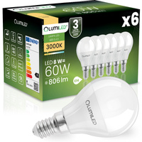 6x Žárovka LED E14, P40 8W = 60W 806lm 3000K Teplá bílá 180° LUMILED
