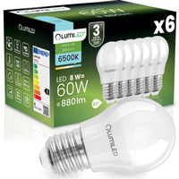 6x LED žárovka E27 kapka P45 8W = 60W 880lm 6500K studená bílá 180° LUMILED