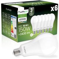 6x LED žárovka E27 A70 18W = 150W 2430lm 4000K neutrální bílá 260° LUMILED