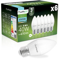 6x Žárovka LED E27, B35 5W = 40W 470lm 6500K Studená bílá 180° LUMILED