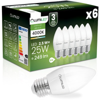 6x Žárovka LED E27, B35 2.5W = 25W 249lm 4000K Neutrální bílá 180° LUMILED