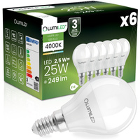 6x Žárovka LED E14, P40 2.5W = 25W 249lm 4000K Neutrální bílá 180° LUMILED