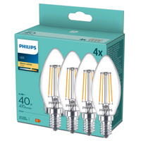 4x LED žárovka E14 Candle B35 4,3W = 40W 470lm 2700K Warm 300° FILAMENT Essential Philips