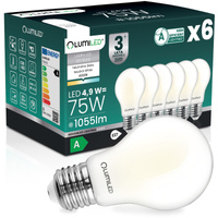 6x LED žárovka E27 A60 4,9W 1055lm = 75W 4000K neutrální bílá 360° vlákno energetická třída A SVÍTÍCÍ
