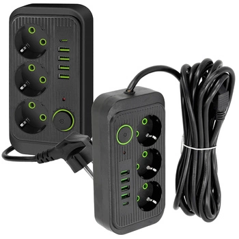 KOBI LINEA PRO Prodlužovací kabel 3x230V 5m Uzemnění, spínač a 5xUSB černý