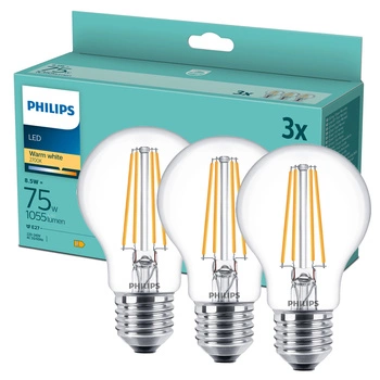 3x LED žárovka E27 A60 8,5W = 75W 1055lm 2700K Warm Filament PHILIPS