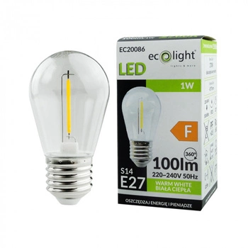 LED žárovka Edison S14 E27 1W 100lm 2700K Warm FILAMENT Ecolight