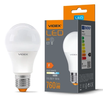 LED žárovka E27 A60 8W = 57W 760lm 6000K studená bílá 240° Videx