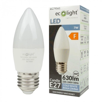 LED žárovka svíčka B37 E27 7W 630lm 6500K Cold Ecolight