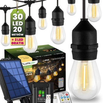 Solární zahradní girlanda 30x LED dekorativní žárovky 20m + PILOT IP65 2700K Warm SOLLIS LUMILED