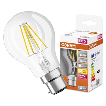 LED žárovka A60 B22d 7W = 60W 806lm 2700K Warm 300° Dimmable Retrofit Filament CLASSIC Osram