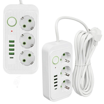 Prodlužovací kabel KOBI LINEA PRO 3x230V 5m Zem, spínač a 5xUSB Bílá